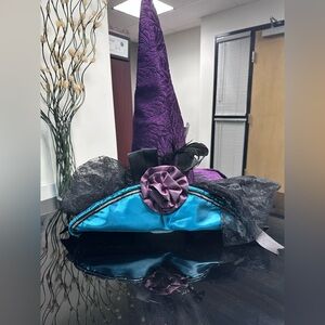 Purple Velvet Witches Hat w/ Turquoise Satin Lined Brim w/ Feather & Bow Trim
